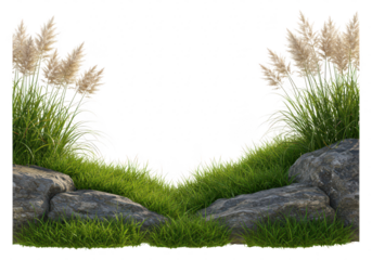 Grassy area with rocks isolated on transparent background