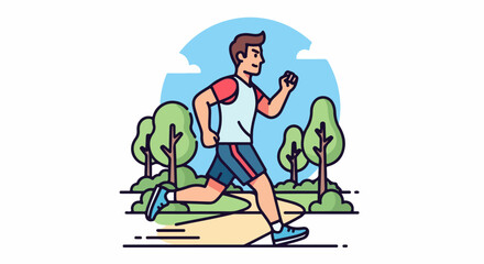 Cartoon illustration of a fit young man jogging on a path in a park for exercise.