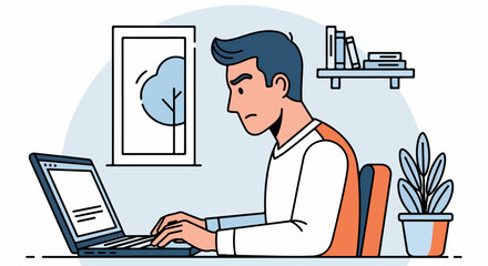 Focused Man Working on Laptop in Home Office Setting.