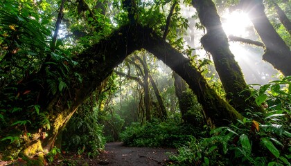 Naklejka premium Lush rainforest path bathed in sunlight