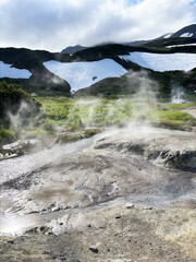 Geothermal landscape with steam rising from hot springs and snow-capped mountains
