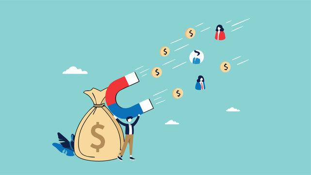 Customer acquisition cost or CAC, marketing expense on customer retention, advertising cost for lead generation, businessman uses magnets with dollar costs to attract customers
