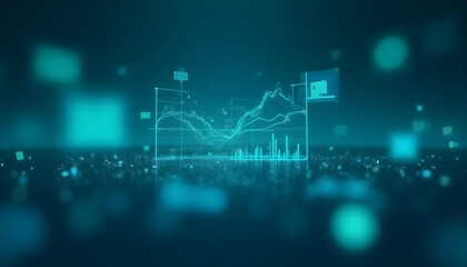 Data visualization with floating graphs and charts in soft glowing blue and green, flat and smooth style.