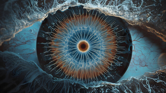 An extreme close-up depicts a human eye with intricate details. The iris features radial patterns of blue and brown, surrounded by textured, organic elements.