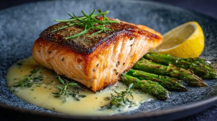 Gourmet cooked salmon fillet with crispy skin served with lemon and asparagus for culinary delights.