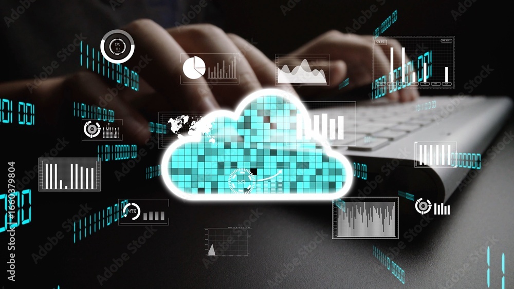 Poster hands typing on a keyboard are surrounded by graphics that represent cloud computing and digital dat