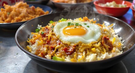 Savory rice bowl topped with fried egg, garnished with chives, steaming