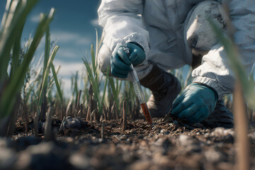 Scientist agriculture soil research field analysis test crop laboratory environment Conducting soil analysis agricultural field scientist protective clothing and gloves collects sample