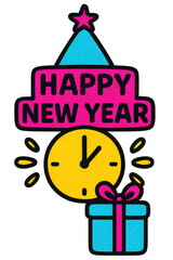 A colorful drawing of a clock with a happy new year sign above it