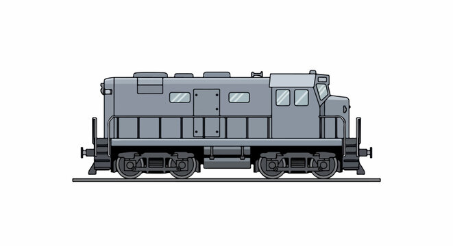 Side profile illustration of a classic gray diesel-electric road switcher locomotive.