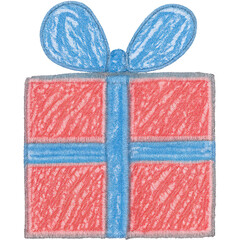 A red and blue box with a blue bow on top