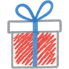 A gift box with a blue ribbon and red stripes