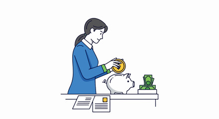 Woman depositing coin into piggy bank, saving money.