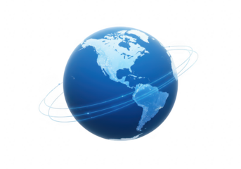Blue globe with continents and orbiting rings isolated on transparent background