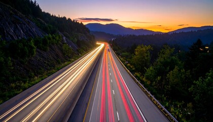 Highway at sunset, light trails