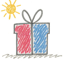 A box with a red and blue ribbon on it