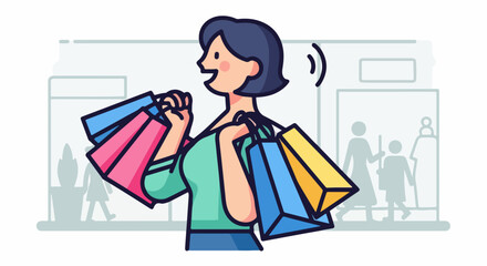 Woman happily carrying shopping bags after a successful shopping trip.