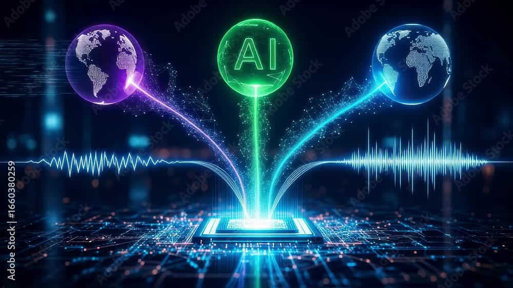 Poster futuristic abstract illustration of multimodal artificial intelligence systems analyzing and connect