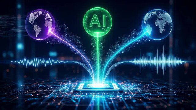 Futuristic abstract illustration of multimodal artificial intelligence systems analyzing and connecting data from three or more sources symbolizing advanced multiview contrastive