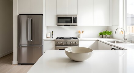 Fototapeta premium Modern stainless steel kitchen with refrigerator stove microwave and sink detailed view