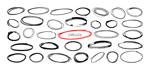 Set of Hand Drawn Grunge Circles and Scribble Ovals. Collection of rough, sketchy black circles and ovals in grunge style. Great for highlights, notes, or graphic design. Vector graphic set