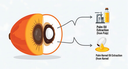 Diagram of palm fruit cross-section showing extraction process for palm oil from pulp and kernel oil from the seed.