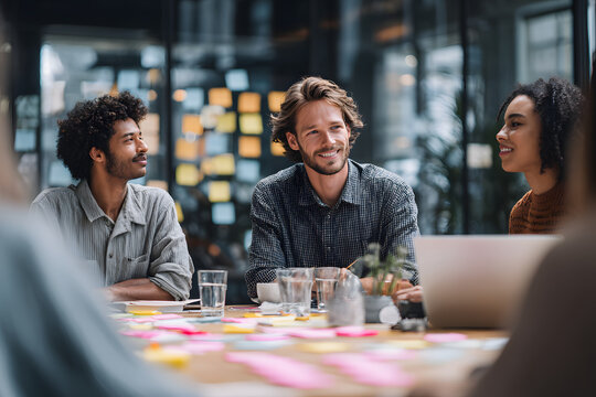 Business team brainstorming around table creative professionals discussing ideas in modern office glass walls sticky notes teamwork collaboration positive atmosphere casual clothing diverse group - Powered by Adobe