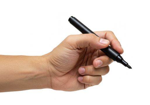 Hand holding a black marker pen isolated on transparent background