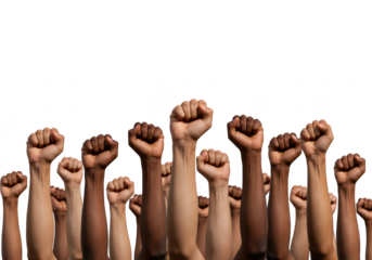 Many raised fists in the air isolated on transparent background