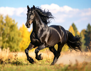 A black horse is captured in motion from the front while running freely in a field in