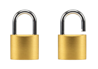 Naklejka premium Two brass padlocks, one locked and one unlocked, isolated on transparent background
