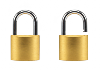 Two brass padlocks, one locked and one unlocked, isolated on transparent background