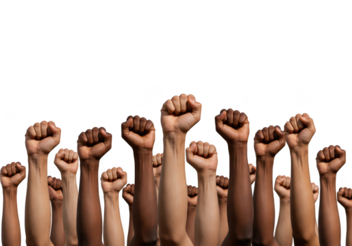 Many raised fists in the air isolated on transparent background - Powered by Adobe