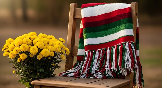 Cozy autumn scene with yellow mums and festive striped blanket on wooden chair
