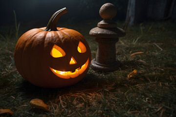 Halloween pumpkin with burning face in dark forest