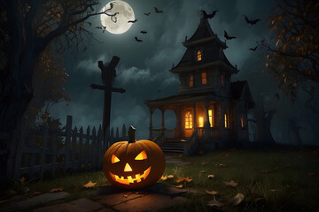 Old abandoned building in a sinister forest with bats flying around, moonlit night with a burning pumpkin in the foreground
