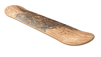 Obraz premium Wooden skateboard deck w/ intricate graphic design, angled on black background