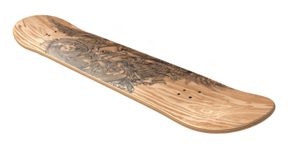Wooden skateboard deck w/ intricate graphic design, angled on black background