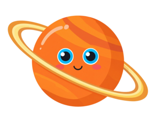 Happy cartoon orange planet with rings and expressive blue eyes on transparent backgr