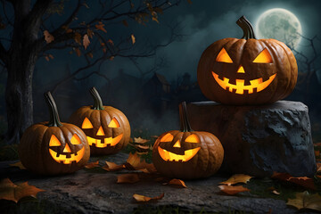 Pumpkins stand in fallen leaves Dark Moon Night Halloween