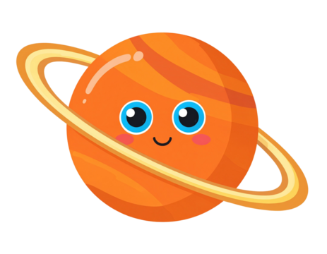 Happy cartoon orange planet with rings and expressive blue eyes on transparent backgr