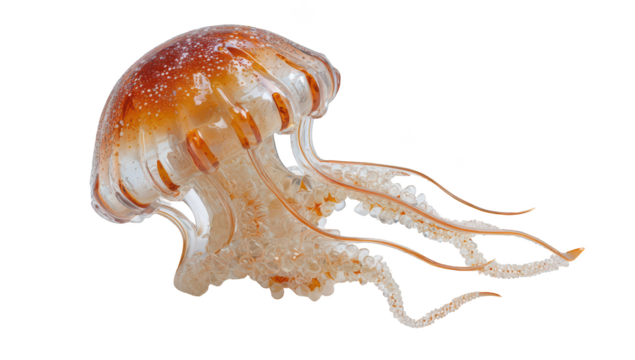 Translucent jellyfish with orange and brown hue, flowing tentacles, black background - Powered by Adobe