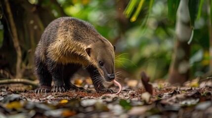 Curious Mammal on Forest Floor with Pink Worm in Tropical Habitat