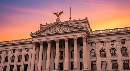 Obraz premium Majestic old building facade with eagle statue under a vibrant sunset sky