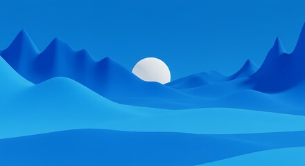 Vast Blue Landscape with Soft Spherical Sun Descending Gently Behind Rolling Hills