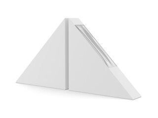 3D render of triangular cardboard food packaging for sandwiches, pizza slices, or snacks. Realistic disposable carton box with transparent window.