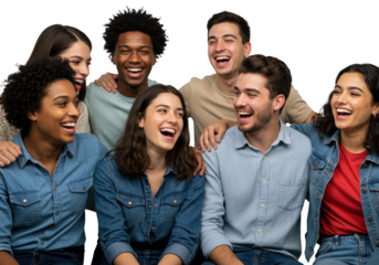 Diverse group of happy friends laughing together isolated on transparent background