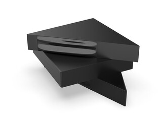 3D render of triangular cardboard food packaging for sandwiches, pizza slices, or snacks. Realistic disposable carton box with transparent window.