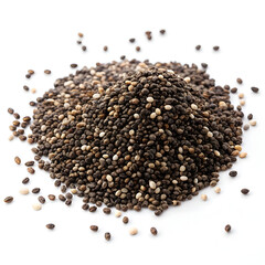 A single chia seed placed on a plain white background, showcasing its small size, dark color,