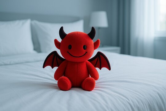 Peluche de diablito rojo con alas y cuernos negros sobre cama blanca en dormitorio iluminado con luz natural